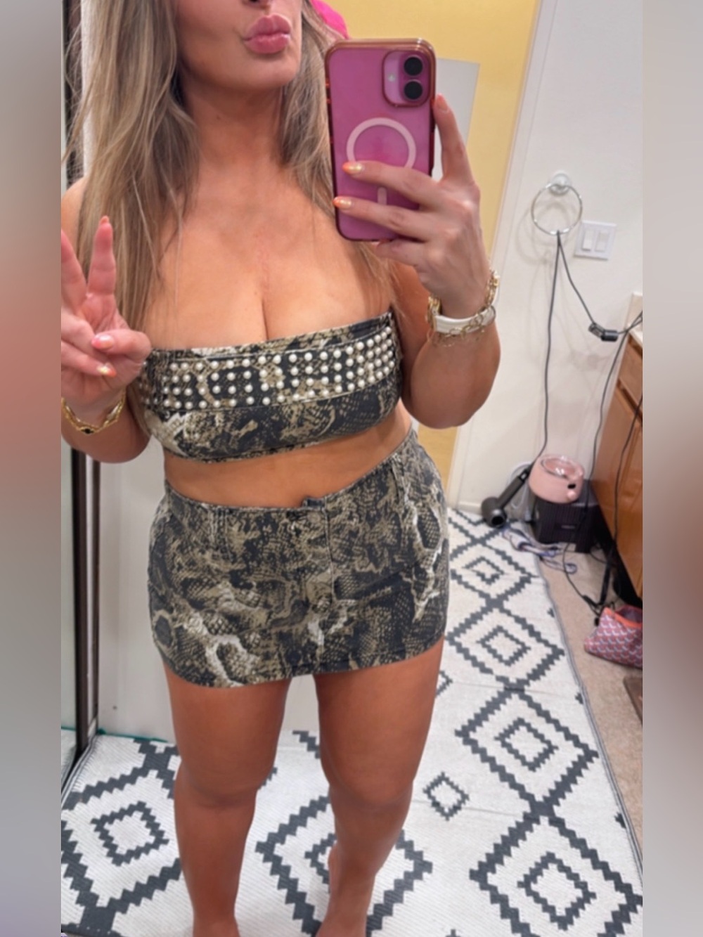 AKIRA Snake-Print Pearl-Studded Bandeau & Mini Skirt Set - Black/Tan